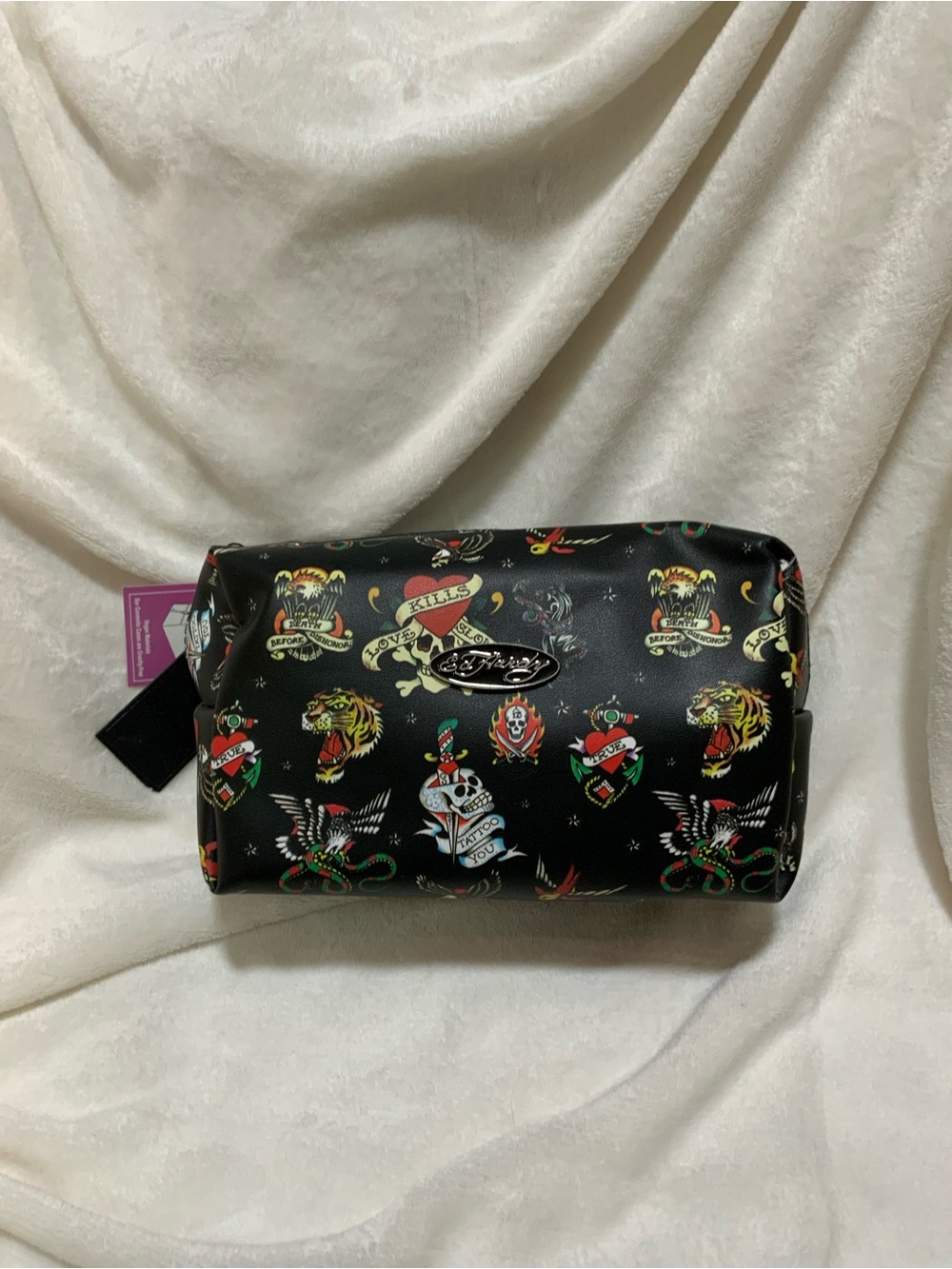 Ed Hardy Black Tattoo-Print Travel Pouch with Multicolor Accents